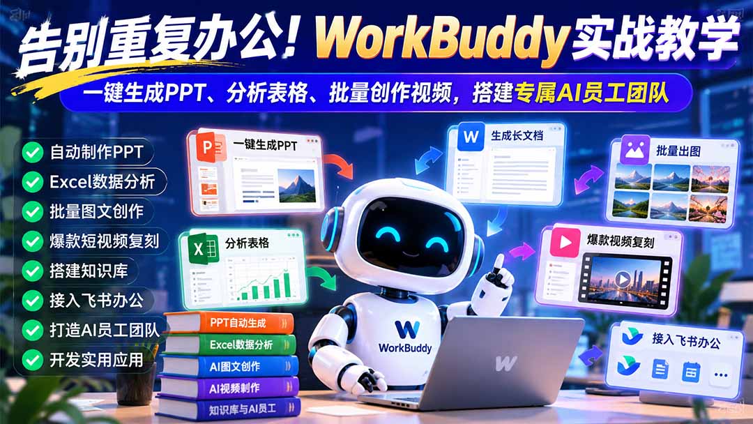 告别重复办公！WorkBuddy实战教学：一键生成PPT、分析表格、批量创作视频，搭建专属AI员工团队-爱搭资源网