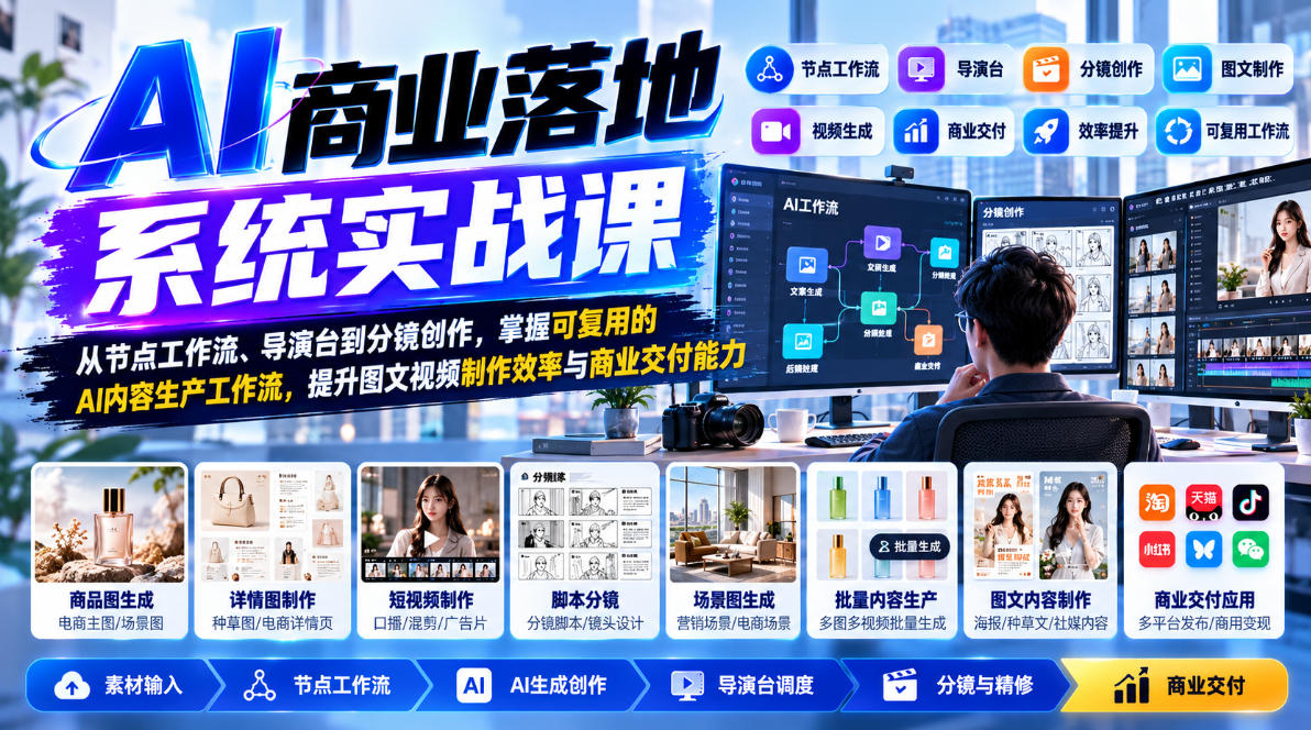 【无水印】AI商业落地系统实战课，从节点工作流、导演台到分镜创作，掌握可复用的AI内容生产工作流，提升图文视频制作效率与商业交付能力-爱搭资源网
