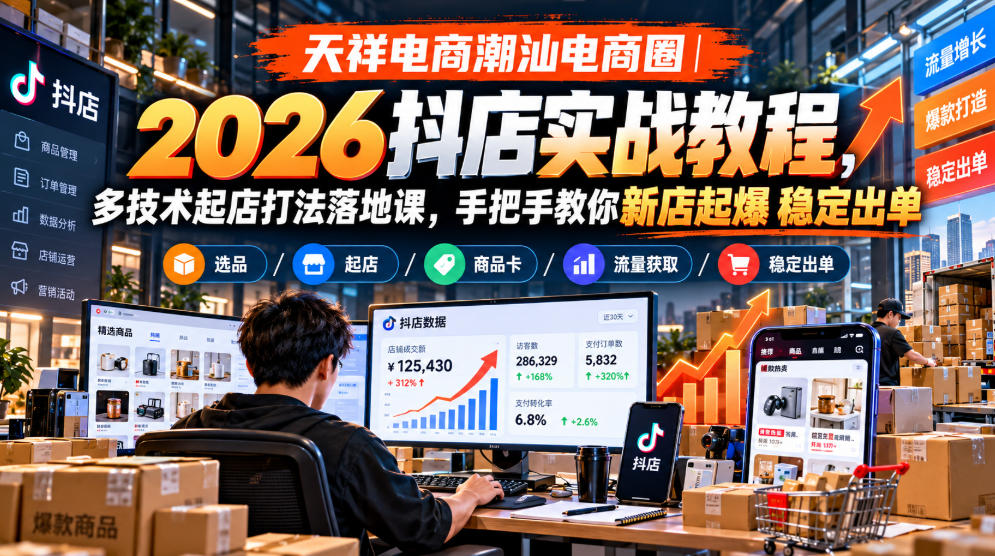天祥电商潮汕电商圈｜2026抖店实战教程，多技术起店打法落地课，手把手教你新店起爆稳定出单-爱搭资源网