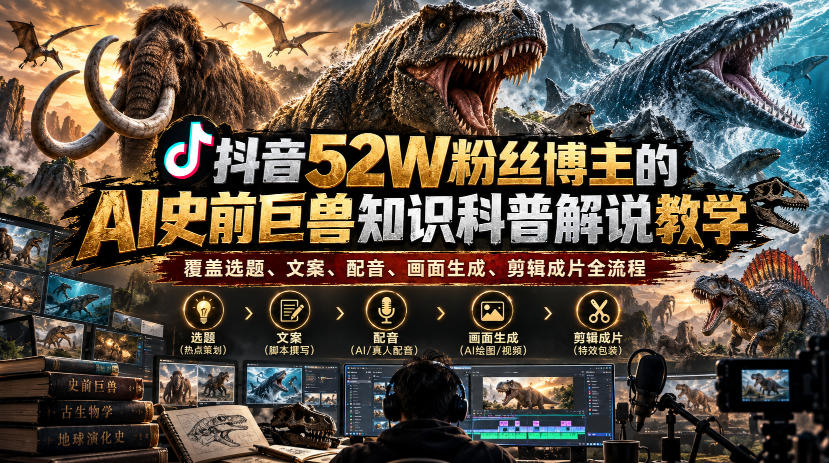 抖音52W粉丝博主的AI史前巨兽知识科普解说教学，覆盖选题、文案、配音、画面生成、剪辑成片全流程-爱搭资源网