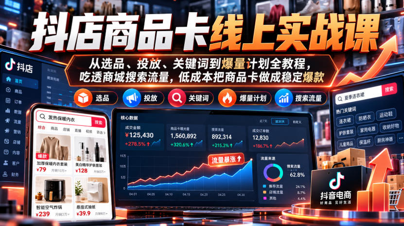 抖店商品卡线上实战课｜从选品、投放、关键词到爆量计划全教程，吃透商城搜索流量，低成本把商品卡做成稳定爆款-爱搭资源网
