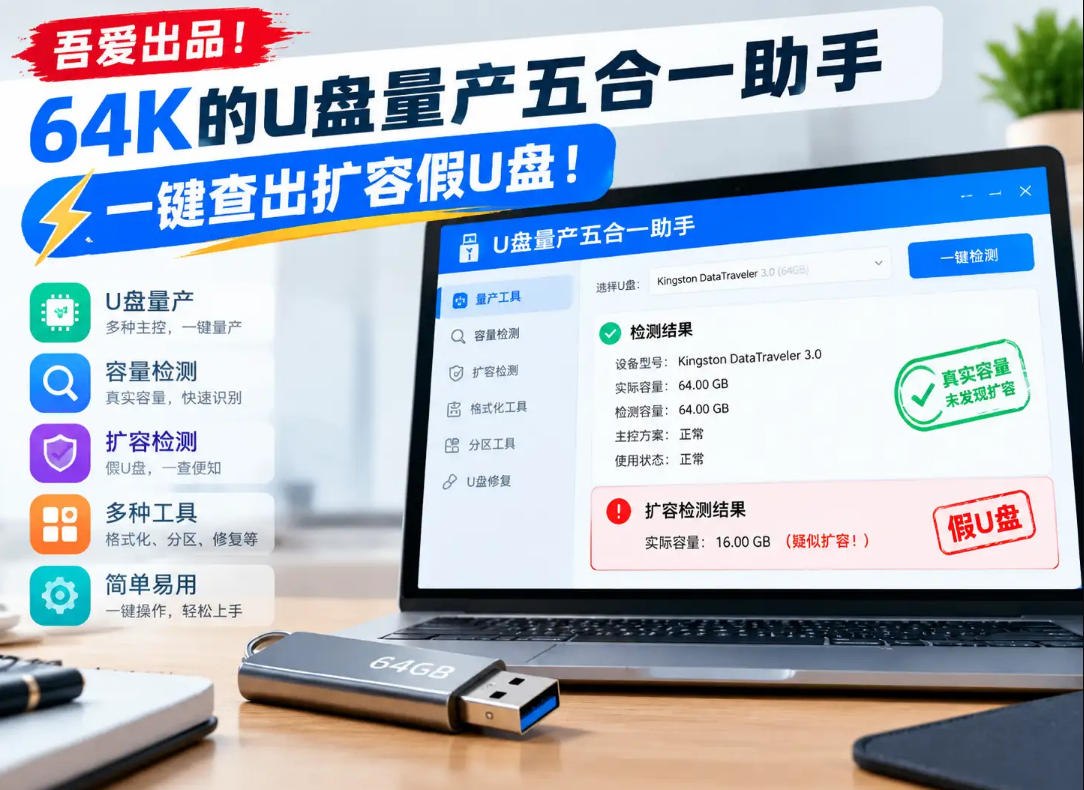 吾爱出品！64K的U盘量产五合一助手，一键查出扩容假U盘！-爱搭资源网