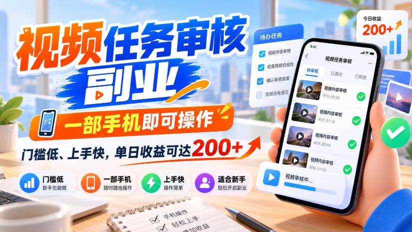 视频任务审核副业，一部手机即可操作，门槛低、上手快，单日收益可达200+【揭秘】-爱搭资源网