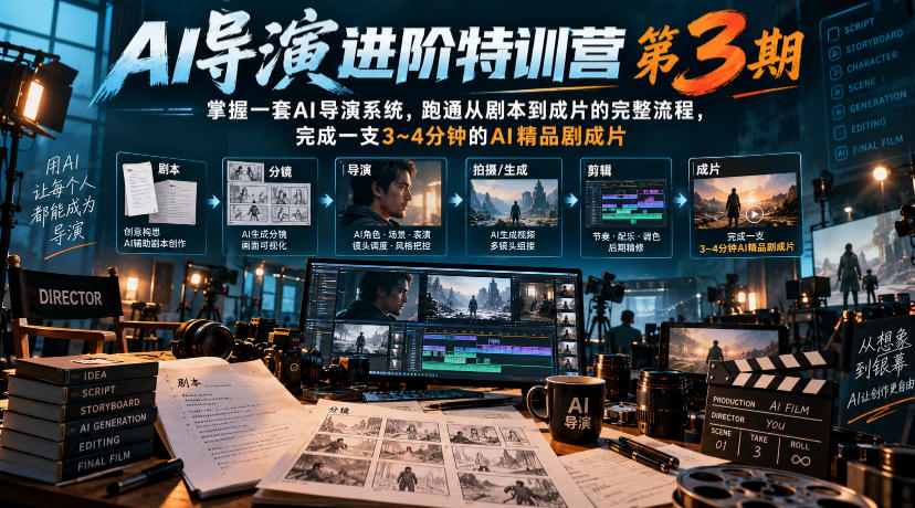 AI导演进阶特训营第3期，掌握一套AI导演系统，跑通从剧本到成片的完整流程，完成一支3~4分钟的AI精品剧成片(附1、2期)-爱搭资源网