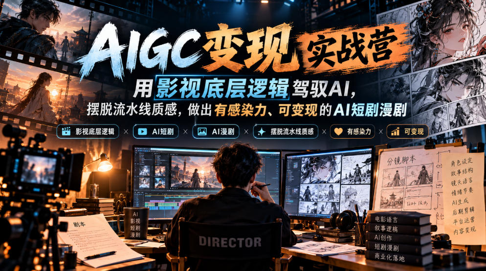 AIGC变现实战营，用影视底层逻辑驾驭AI，摆脱流水线质感，做出有感染力、可变现的AI短剧漫剧-爱搭资源网