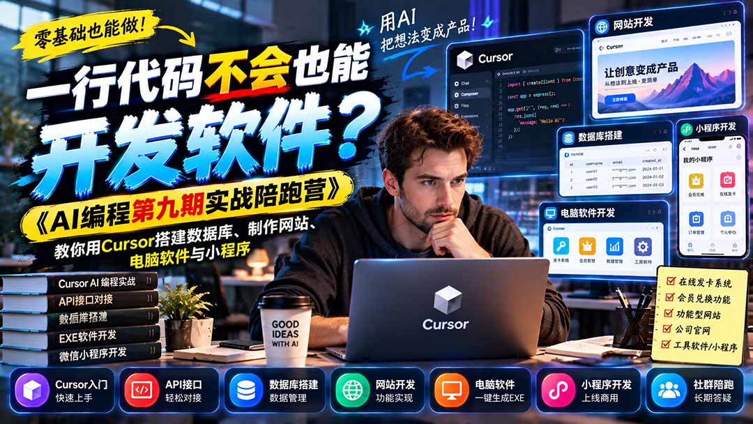 一行代码不会也能开发软件？《AI编程第九期实战陪跑营》教你用Cursor搭建数据库、制作网站、电脑软件与小程序-爱搭资源网