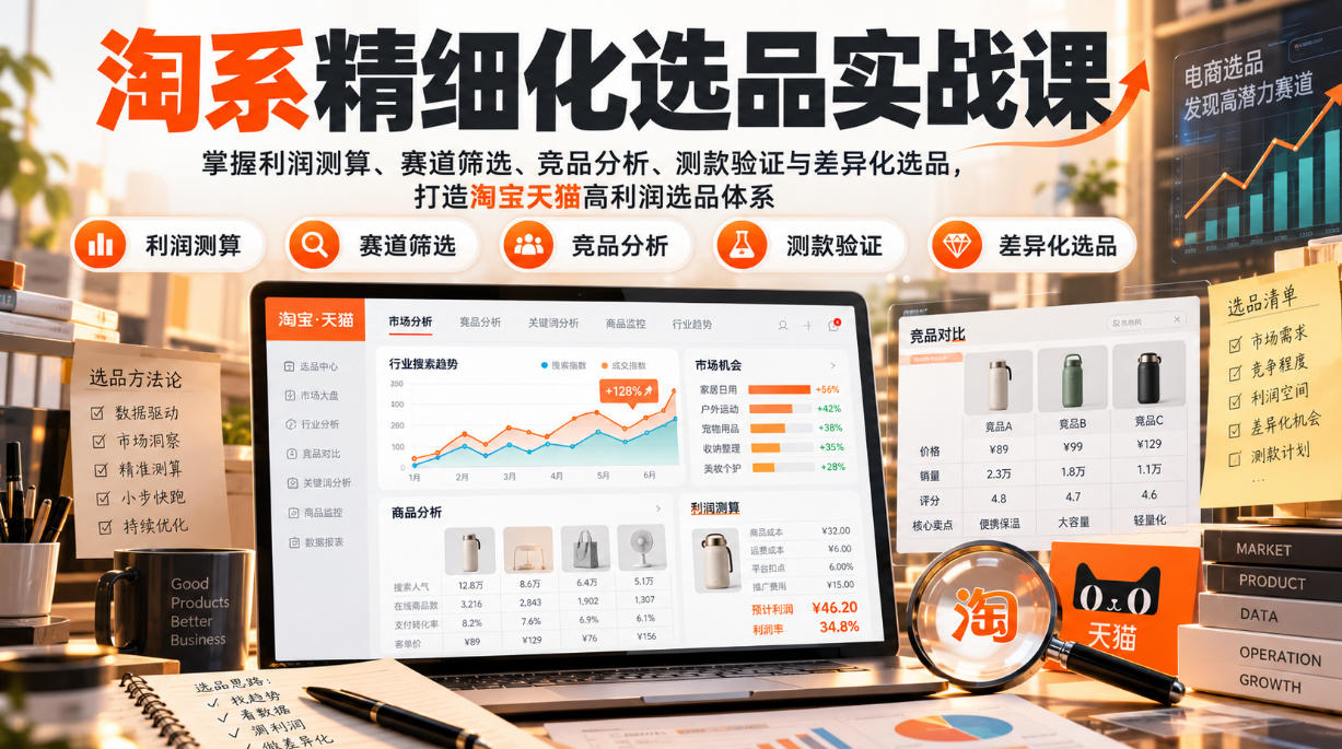 货架电商精细化选品实战课：掌握利润测算、赛道筛选、竞品分析、测款验证与差异化选品，打造淘宝天猫高利润选品体系-爱搭资源网
