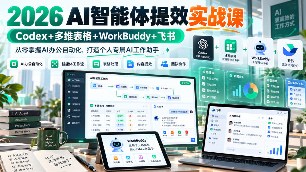 2026 AI智能体提效实战课：Codex+多维表格+WorkBuddy+飞书，从零掌握AI办公自动化，打造个人专属AI工作助手-爱搭资源网