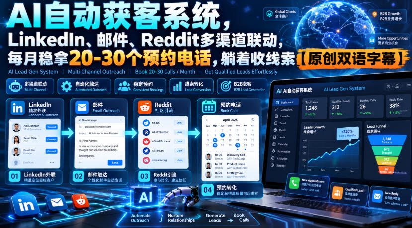【无水印】AI自动获客系统，LinkedIn、邮件、Reddit多渠道联动，每月稳拿20-30个预约电话，躺着收线索【原创双语字幕】-爱搭资源网