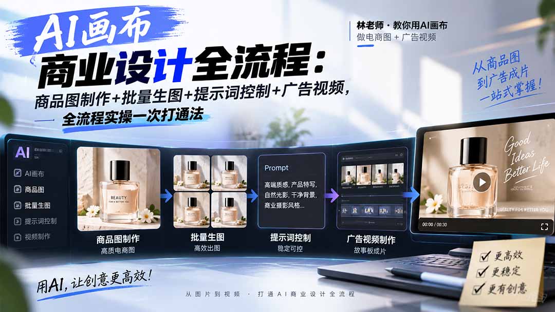 AI画布商业设计全流程-更新1026：商品图制作+批量生图+提示词控制+广告视频，全流程实操一次打通法-爱搭资源网