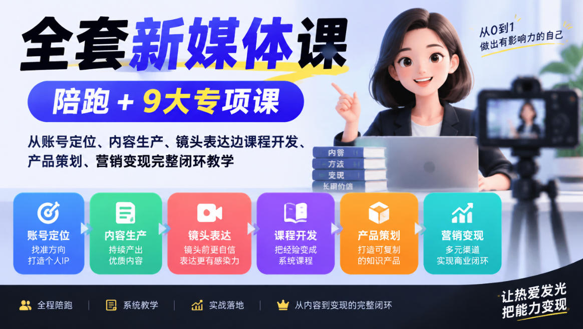 全套新媒体课｜陪跑+9大专项课，从账号定位、内容生产、镜头表达到课程开发、产品策划、营销变现完整闭环教学-爱搭资源网