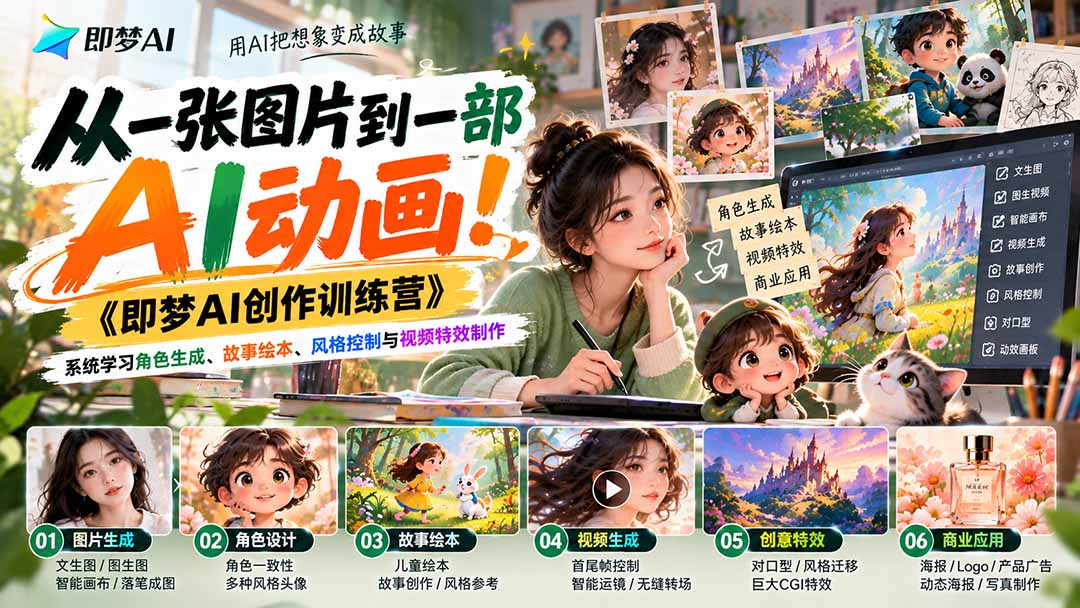 【无水印】从一张图片到一部AI动画！《即梦AI创作训练营》系统学习角色生成、故事绘本、风格控制与视频特效制作-爱搭资源网