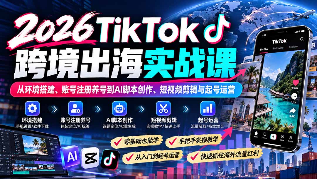 2026TikTok跨境出海实战课：从环境搭建、账号注册养号到AI脚本创作、短视频剪辑与起号运营-爱搭资源网