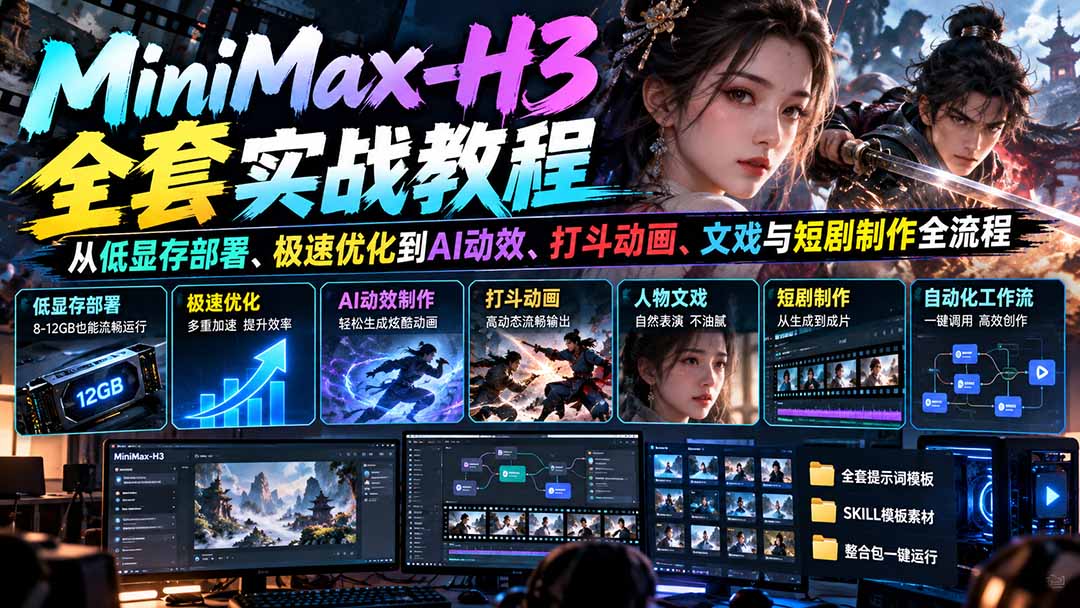 MiniMax-H3全套实战教程：从低显存部署、极速优化到AI动效、打斗动画、文戏与短剧制作全流程-爱搭资源网