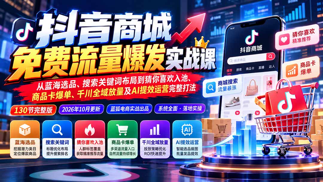 抖店城免费流量爆发实战-更新：蓝海选品、搜索关键词布局到猜你喜欢入池、商品卡爆单、千川全域放量及AI提效完整打法-爱搭资源网