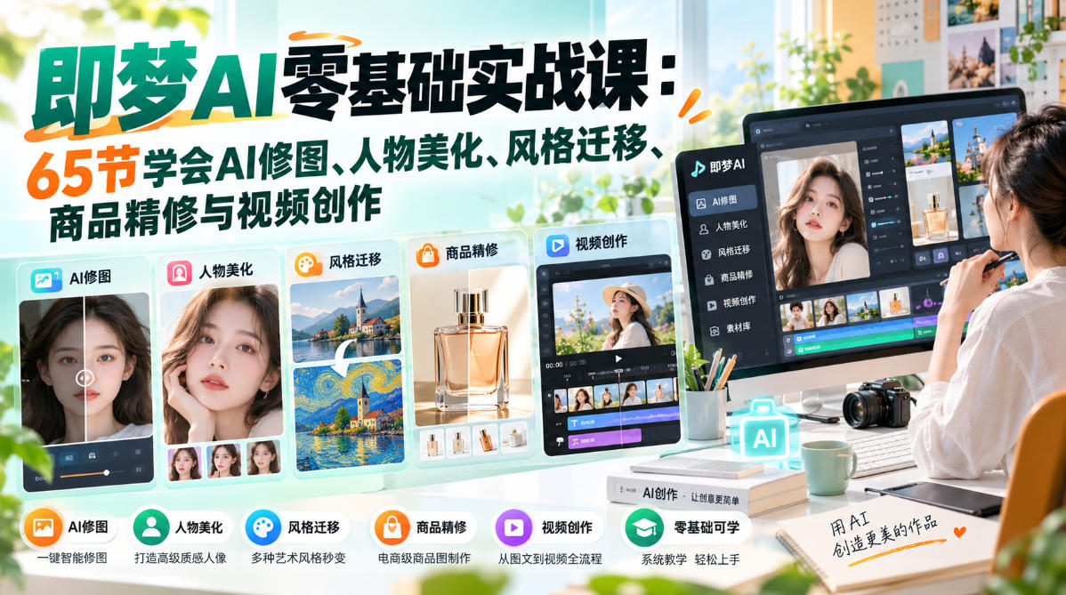即梦AI零基础实战课：65节学会AI修图、人物美化、风格迁移、商品精修与视频创作-爱搭资源网