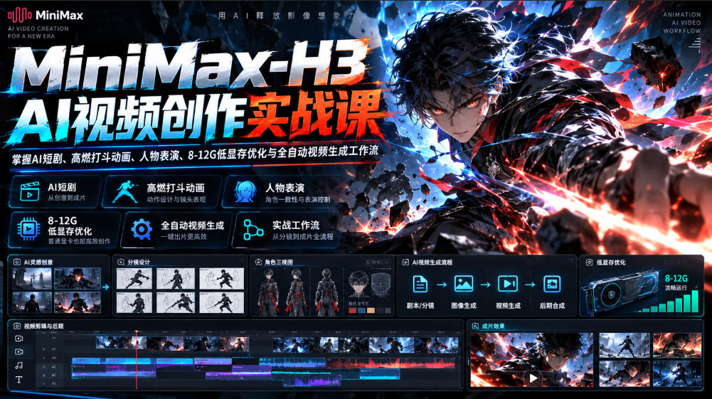 MiniMax-H3 AI视频创作实战课，掌握AI短剧、高燃打斗动画、人物表演、8-12G低显存优化与全自动视频生成工作流-爱搭资源网