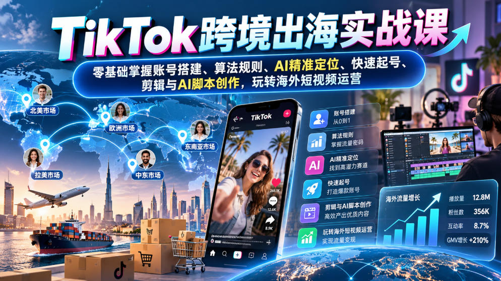 TikTok跨境出海实战课：零基础掌握账号搭建、算法规则、AI精准定位、快速起号、剪辑与AI脚本创作，玩转海外短视频运营-爱搭资源网