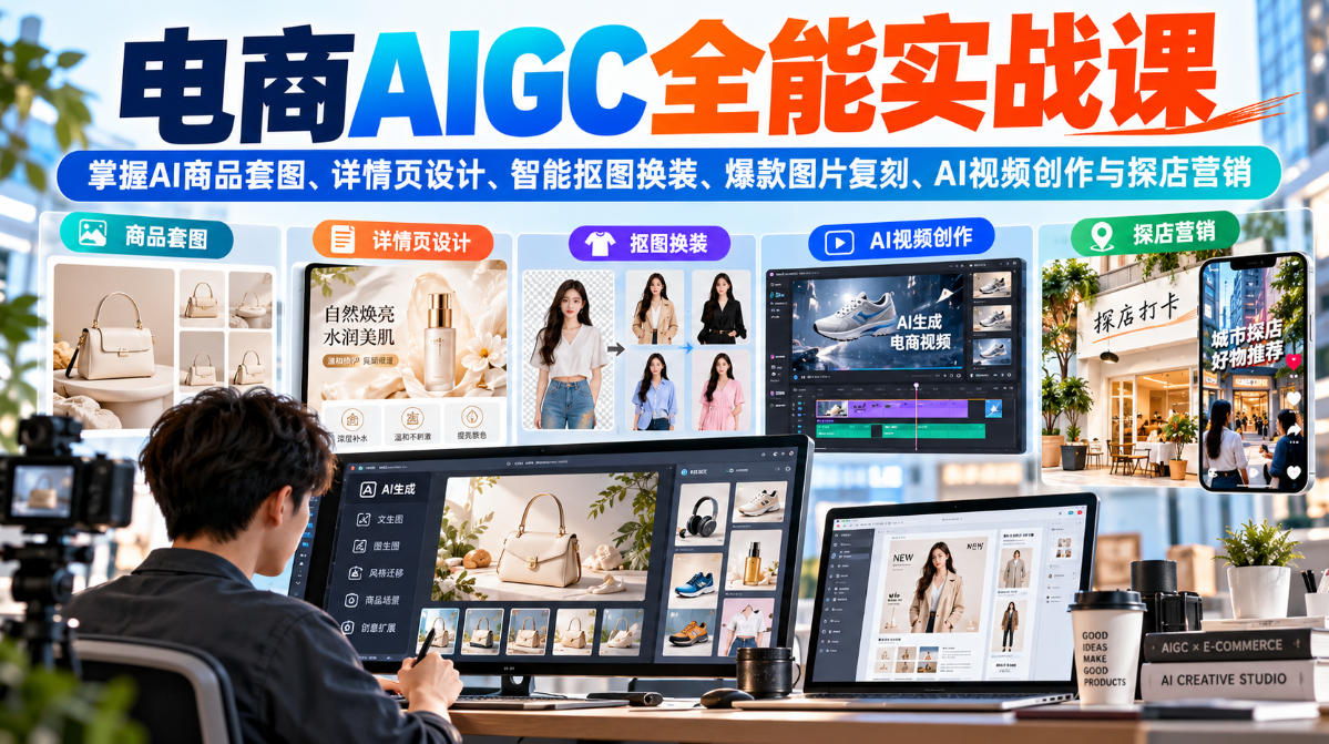 电商AIGC全能实战课：掌握AI商品套图、详情页设计、智能抠图换装、爆款图片复刻、AI视频创作与探店营销-爱搭资源网