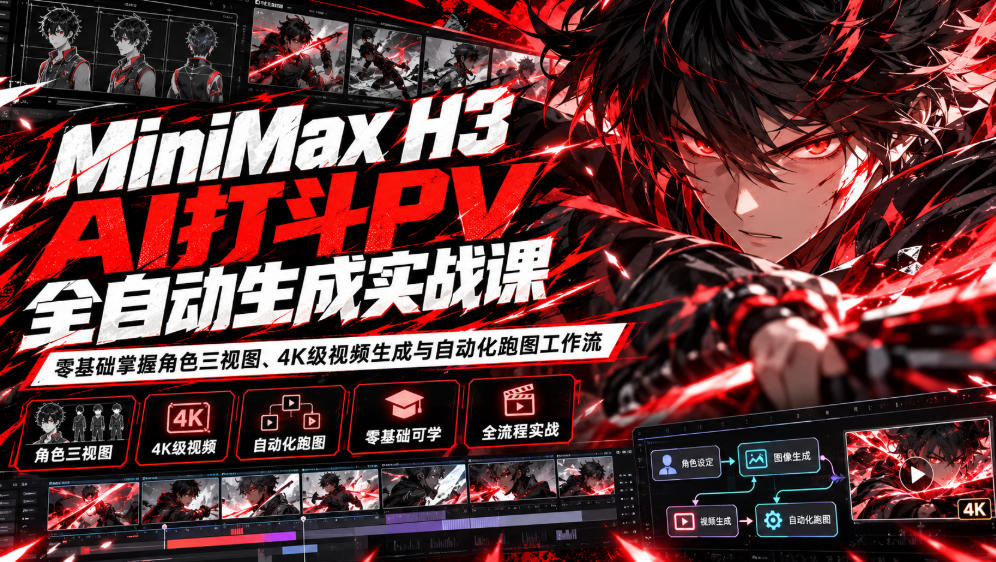 MiniMax H3 AI打斗PV全自动生成实战课：零基础掌握角色三视图、4K级视频生成与自动化跑图工作流-爱搭资源网