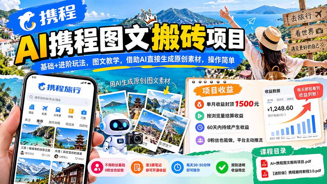 AI携程图文搬砖项目，基础+进阶玩法，图文教学，借助AI直接生成原创素材，操作简单-爱搭资源网