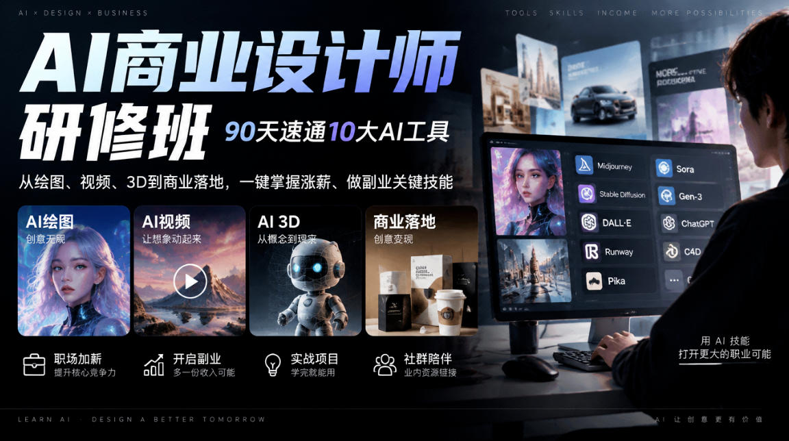 AI商业设计师研修班，90天速通10大AI工具，从绘图、视频、3D到商业落地，一键掌握涨薪、做副业关键技能-爱搭资源网