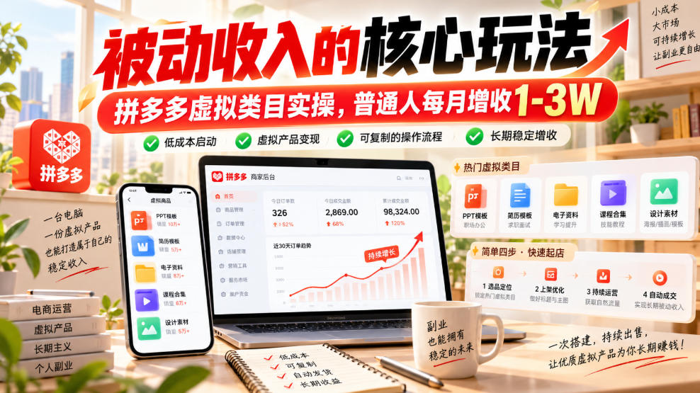 被动收入的核心玩法，拼多多虚拟类目实操，普通人每月增收1-3W【揭秘】-爱搭资源网