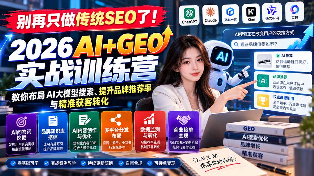 别再只做传统SEO了！《2026AI+GEO实战训练营》教你布局AI大模型搜索、提升品牌推荐率与精准获客转化-爱搭资源网