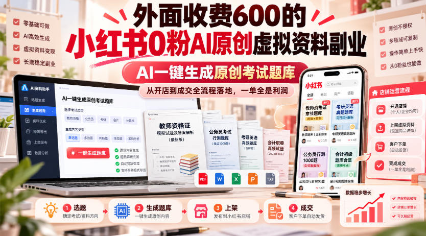 外面收费600的小红书0粉AI原创虚拟资料副业，AI一键生成原创考试题库，从开店到成交全流程落地，一单全是利润-爱搭资源网
