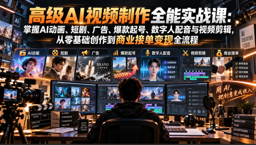 高级AI视频制作全能实战课：掌握AI动画、短剧、广告、爆款起号、数字人配音与视频剪辑，从零基础创作到商业接单变现全流程-爱搭资源网