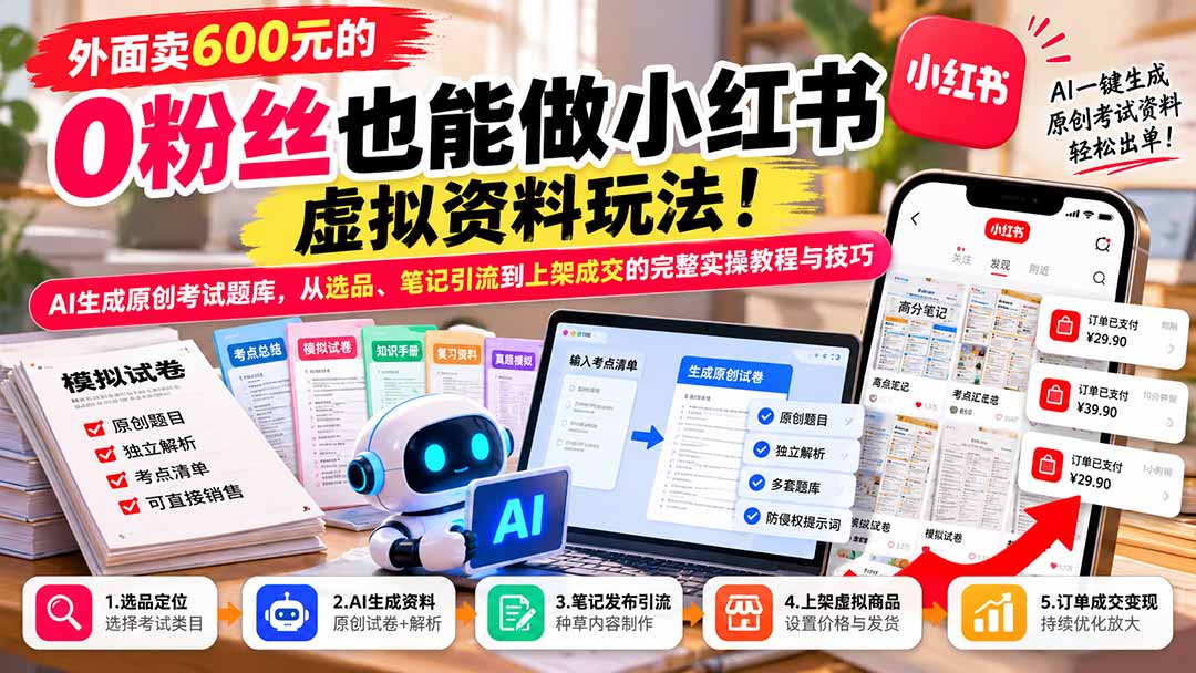 外面卖600元的 零粉丝也能做小红书虚拟资料玩法！AI生成原创考试题库，从选品、笔记引流到上架成交的完整实操教程-爱搭资源网