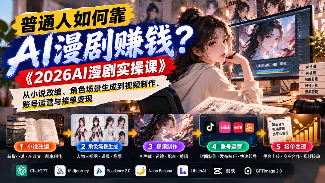 普通人如何靠AI漫剧赚钱？《2026AI漫剧实操课》从小说改编、角色场景生成到视频制作、账号运营与接单变现-爱搭资源网