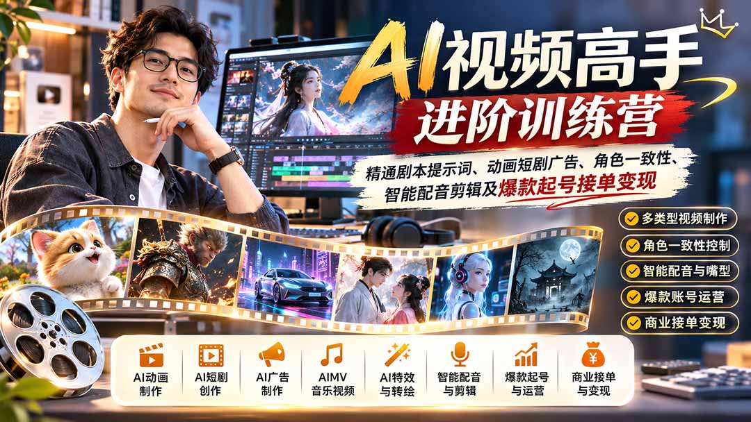AI视频高手进阶训练营：精通剧本提示词、动画短剧广告、角色一致性、智能配音剪辑及爆款起号接单变现-爱搭资源网