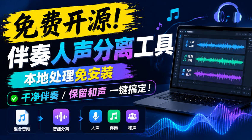 免费开源！伴奏人声分离工具，本地处理免安装，干净伴奏，保留和声一键搞定！-爱搭资源网