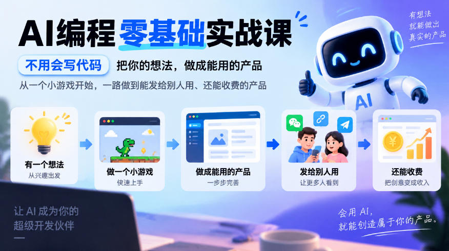 AI编程零基础实战课，不用会写代码，把你的想法，做成能用的产品，从一个小游戏开始，一路做到能发给别人用、还能收费的产品-爱搭资源网