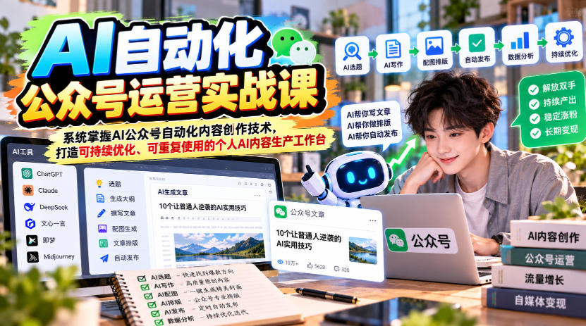 AI自动化公众号运营实战课，系统掌握AI公众号自动化内容创作技术，打造可持续优化、可重复使用的个人AI内容生产工作台-爱搭资源网