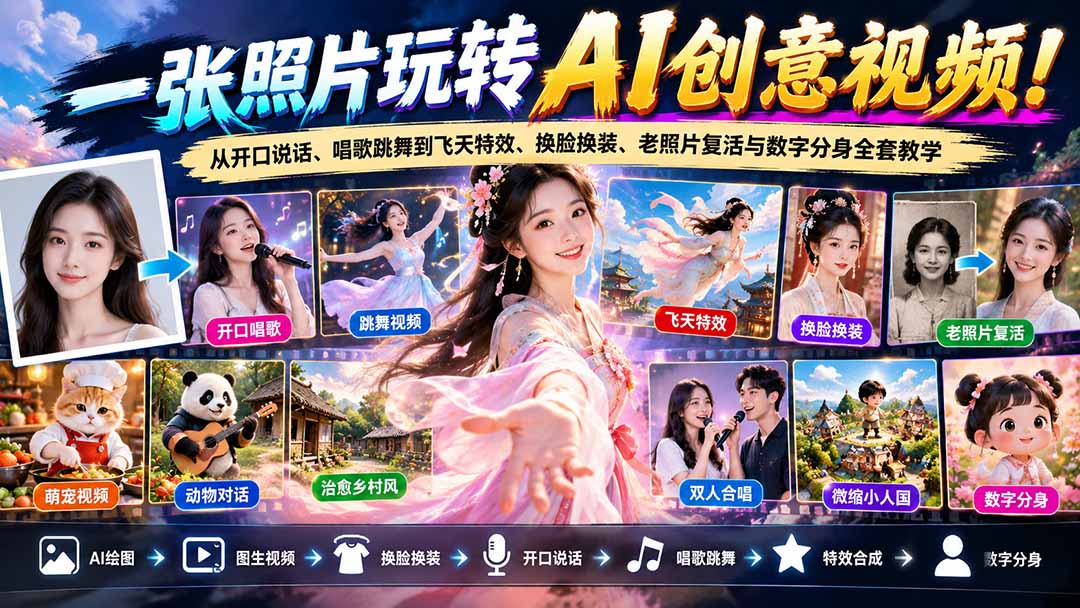 一张照片玩转AI创意视频！从开口说话、唱歌跳舞到飞天特效、换脸换装、老照片复活与数字分身全套教学-爱搭资源网