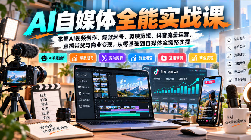 【无水印】AI自媒体全能实战课，掌握AI视频创作、爆款起号、剪映剪辑、抖音流量运营、直播带货与商业变现，从零基础到自媒体全链路实操-爱搭资源网