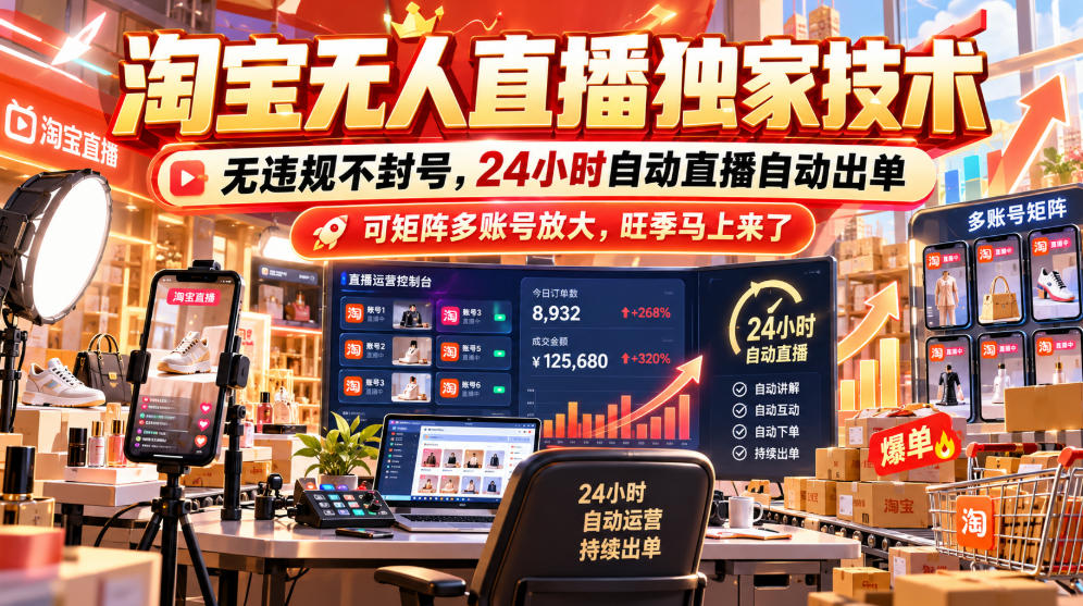 淘宝无人直播独家技术，无违规不封号，24小时自动直播自动出单，可矩阵多账号放大，旺季马上来了【揭秘】-爱搭资源网