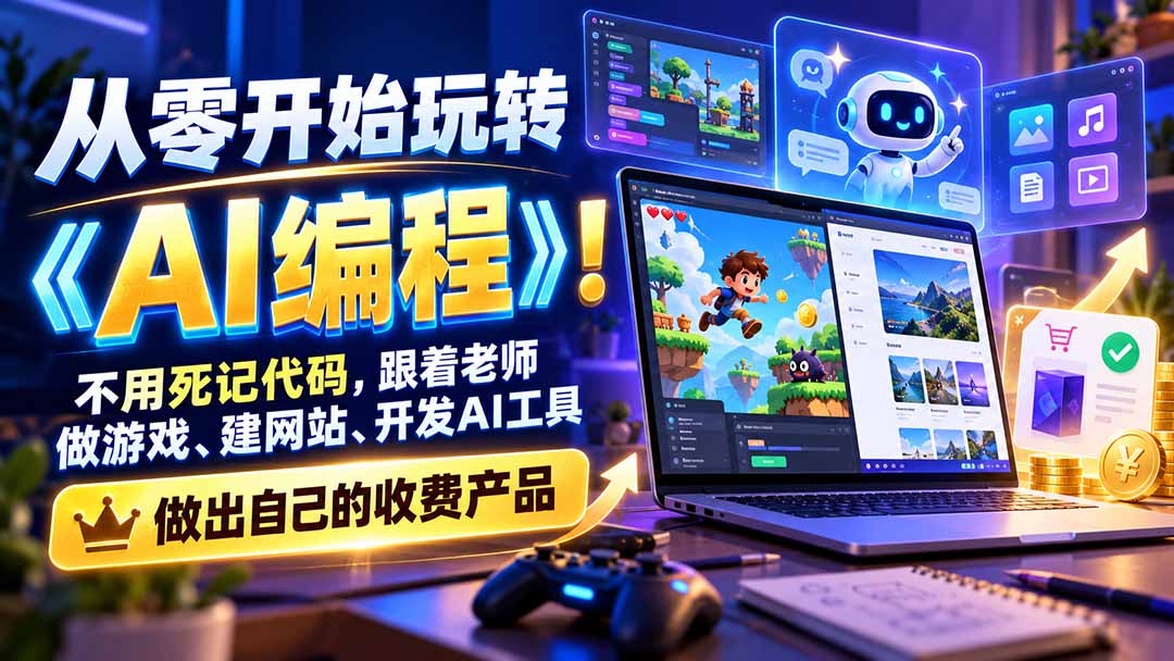 从零开始玩转《AI编程》！不用死记代码，跟着老师做游戏、建网站、开发AI工具，最后完成自己的收费产品-爱搭资源网