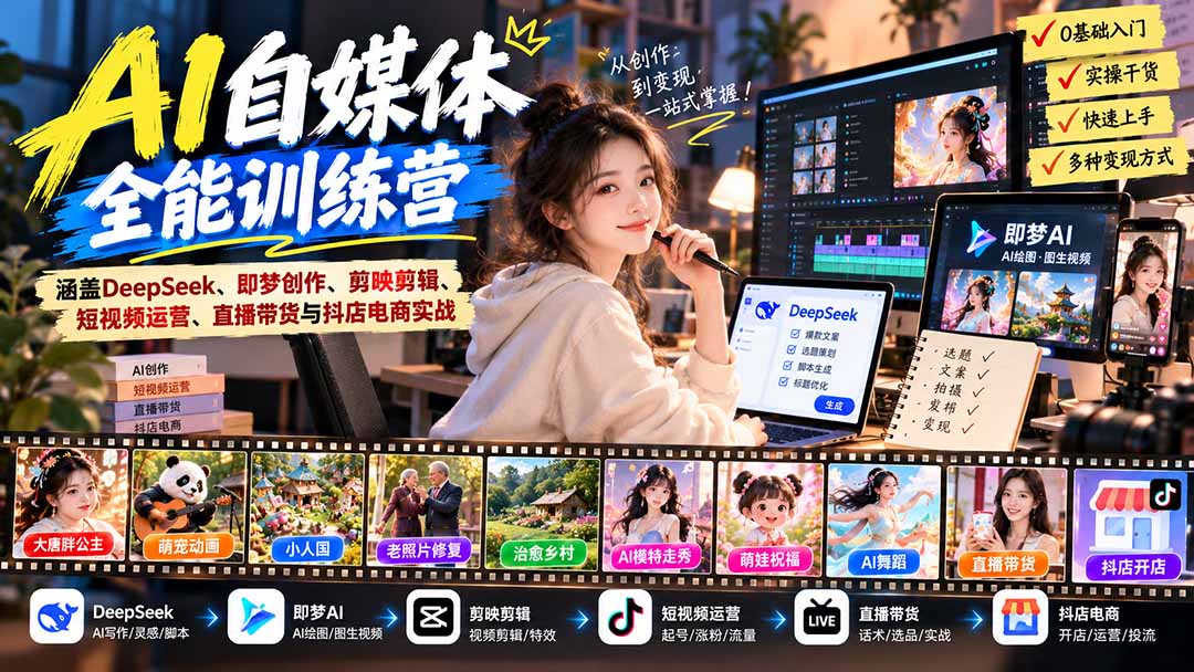 【无水印】AI+自媒体全能训练营：涵盖DeepSeek、即梦创作、剪映剪辑、短视频运营、直播带货与抖店电商实战-爱搭资源网