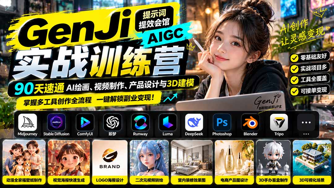 GenJi AIGC实战训练营：90天速通AI绘画、视频制作、产品设计与3D建模，掌握多工具创作全流程-爱搭资源网