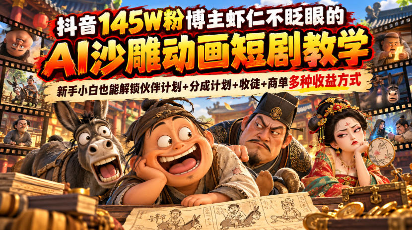 抖音145W粉博主虾仁不眨眼的AI沙雕动画短剧教学，新手小白也能解锁伙伴计划+分成计划+收徒+商单多种收益方式-爱搭资源网