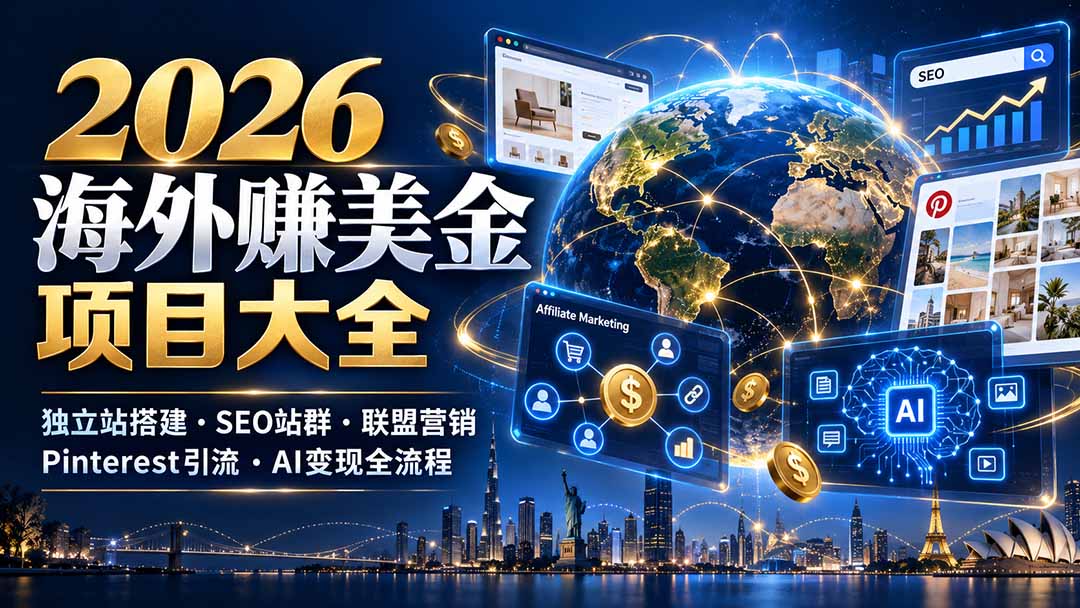 2026海外赚美金项目大全：独立站搭建、SEO站群、联盟营销、Pinterest引流与AI变现全流程-爱搭资源网