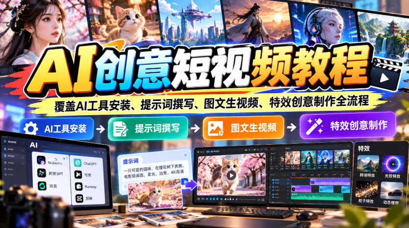 AI创意短视频教程，覆盖AI工具安装、提示词撰写、图文生视频、特效创意制作全流程-爱搭资源网