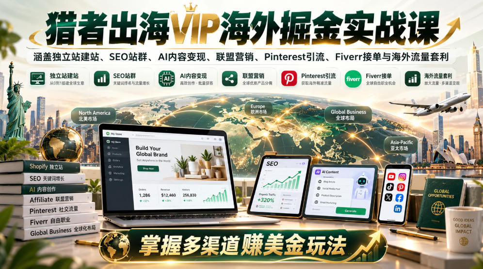猎者出海VIP海外掘金实战课：涵盖独立站、SEO站群、AI变现、联盟营销、Pinterest引流、Fiverr接单与海外流量套利，掌握多渠道賺美金玩法-爱搭资源网