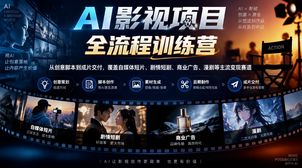 AI影视项目全流程训练营，从创意脚本到成片交付，覆盖自媒体短片、剧情短剧、商业广告、漫剧等主流变现赛道-爱搭资源网