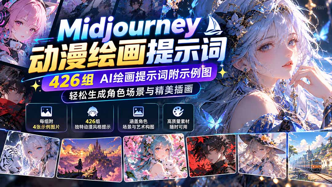 Midjourney动漫绘画提示词：426组AI绘画提示词附示例图，轻松生成角色场景与精美插画-爱搭资源网