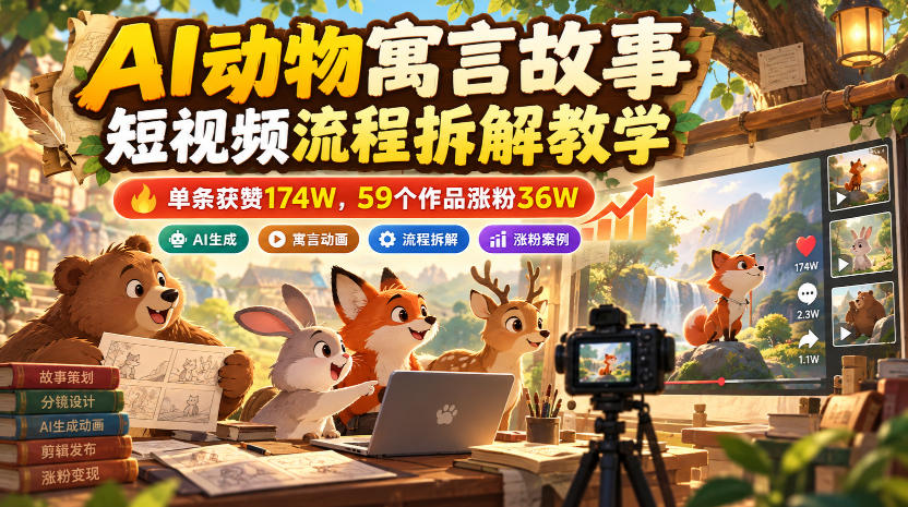 AI动物寓言故事短视频流程拆解教学，单条获赞174W，59个作品涨粉36W-爱搭资源网