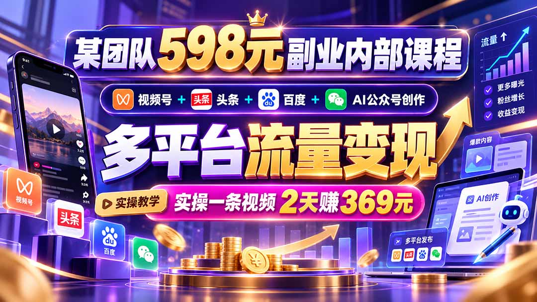 某团队598元副业内部课程：视频号+头条+百度+AI公众号创作、多平台流量变现，实操一条视频2天赚369元-爱搭资源网